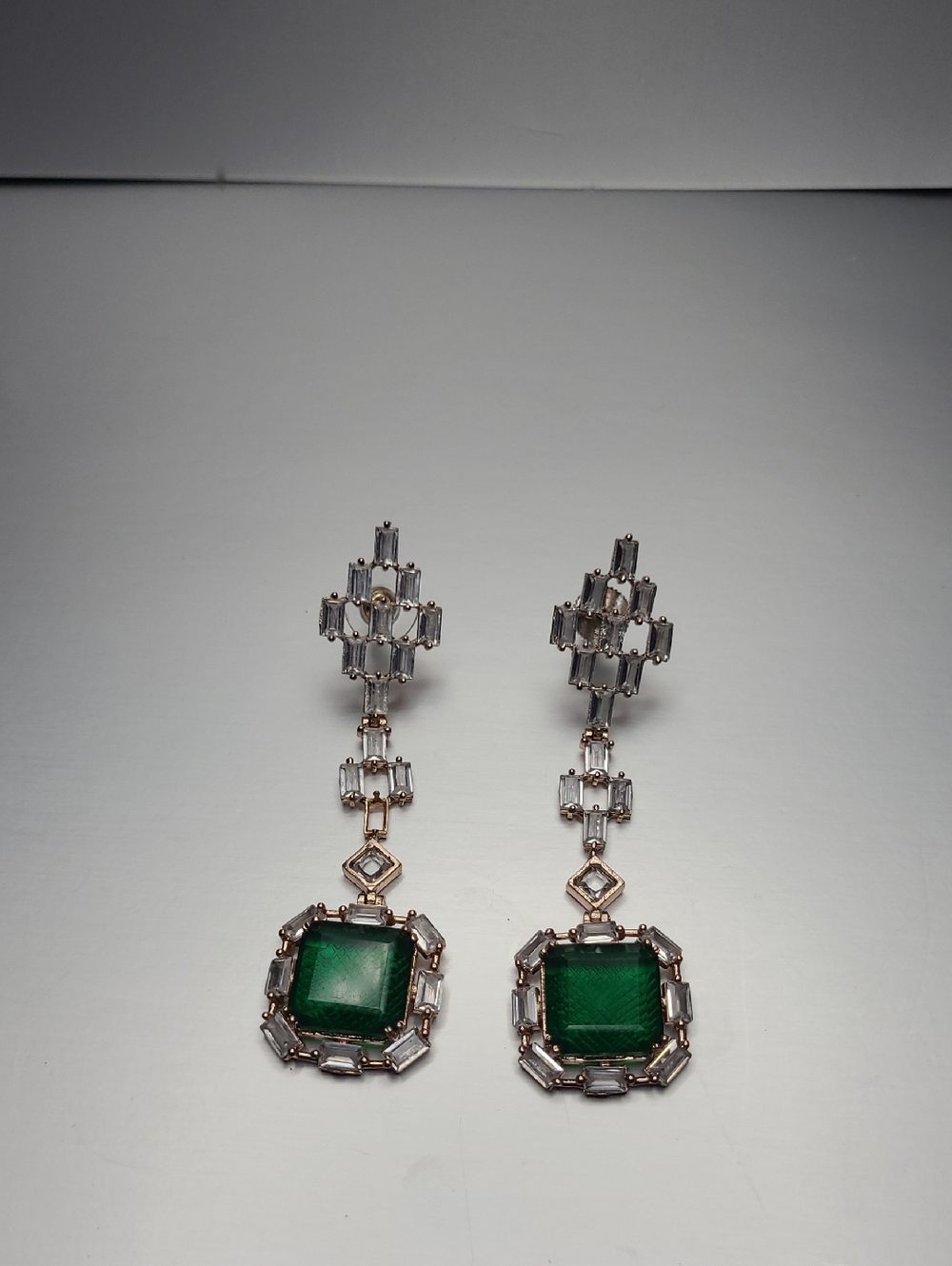 Emerald Green Square Drop Earrings with Clear Baguette Halo